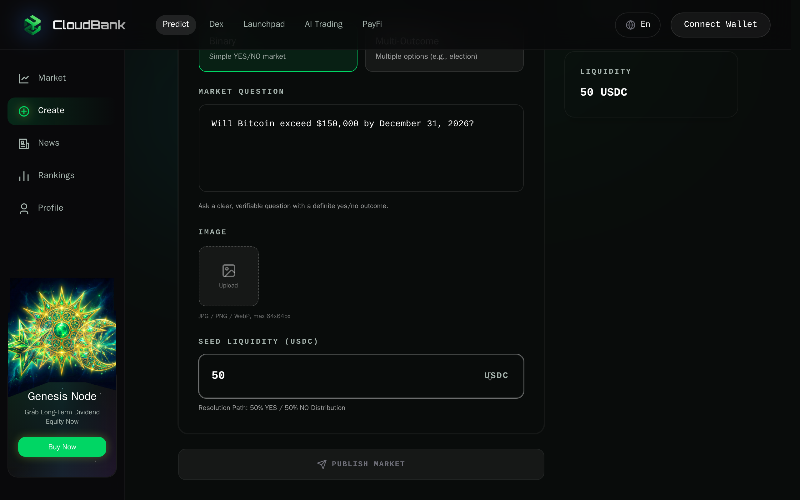 Publish Market button at the bottom of the form — requires wallet connection